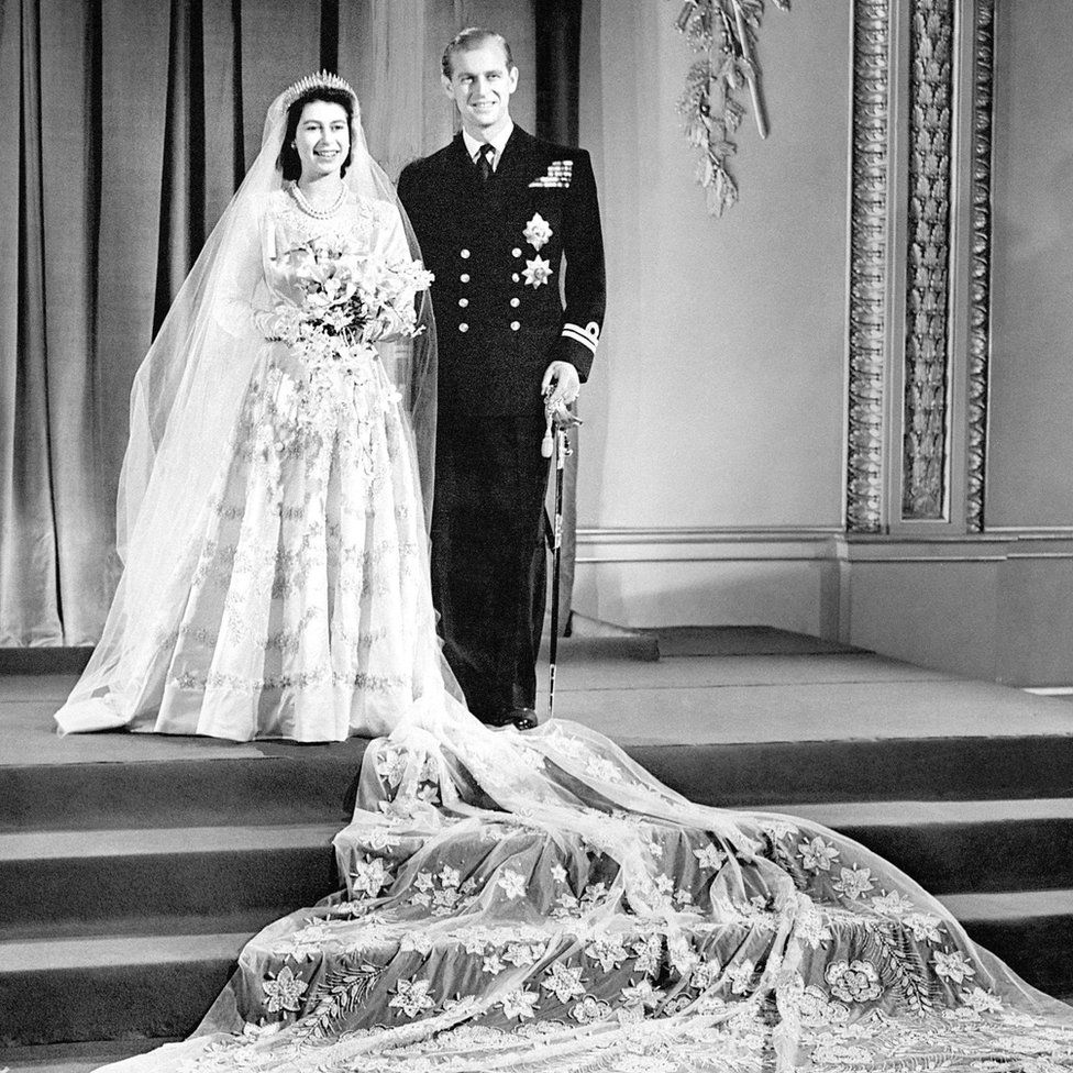 Princess Elizabeth and The Duke of Edinburgh on their wedding day, 1947; she wears Queen Mary's Fringe Tiara (RCT)
