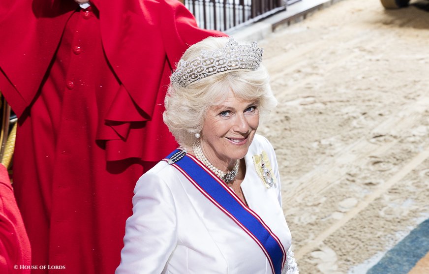 Camilla, The Duchess of Cornwall wearing the Greville honeycomb tiara at the State Opening of Parliament