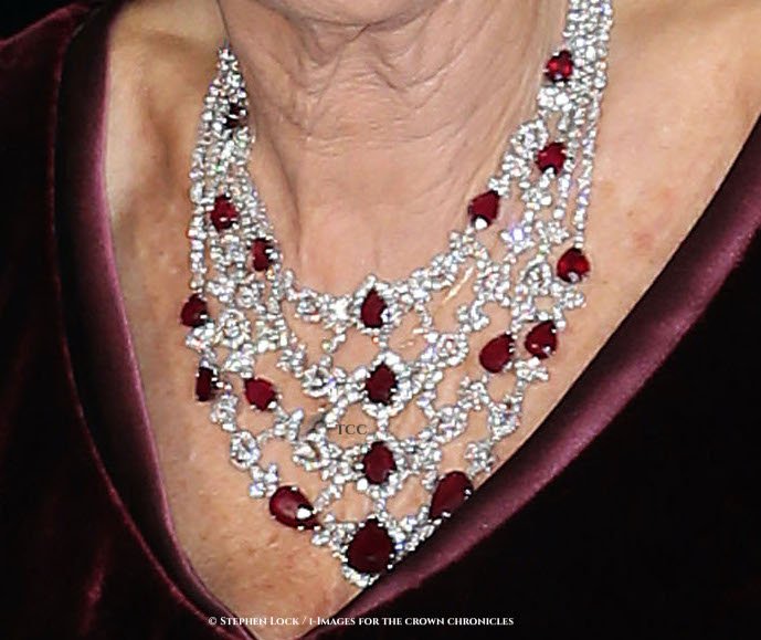 The Duchess of Cornwall wears a stunning layered ruby necklace to the Royal Film Performance of The Second Best Exotic Marigold Hotel in 2015