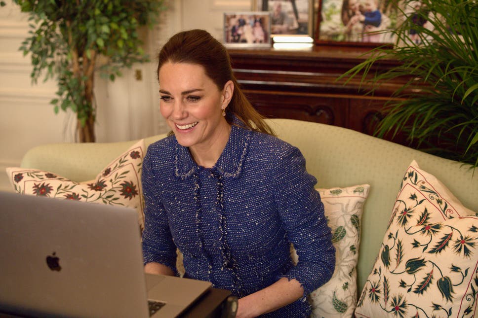 The Duchess of Cambridge on a zoom call to teachers in a blue tweed suit