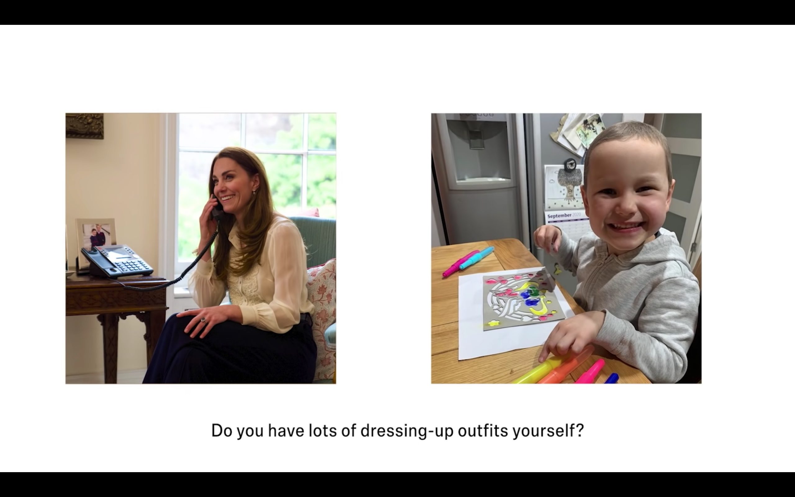 Kate faces left, with her hand on her though, grinning; she is speaking to Mila on the phone. Mila is shown with some hair regrowth, colouring at teh kitchen table with a big grin. in white blouse facing right holds a phone to her ear as she chats to 4-year-old Mila Sneddon, who is shown smilling a wide grin at the camera with her mother; she does not have hair and there is a tube in her nose