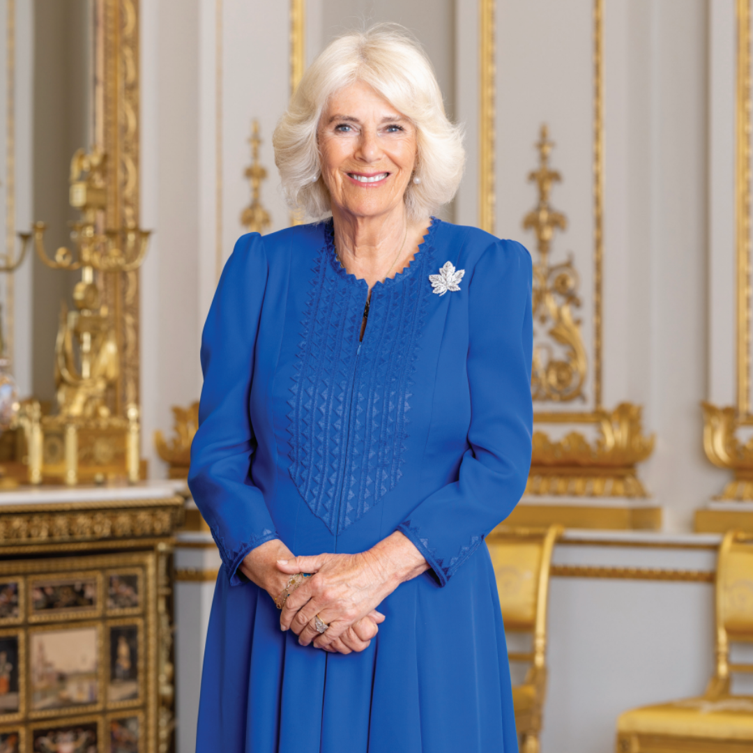 Official Canadian portrait of Queen Camilla, where Her Majesty is wearing the Maple Leaf brooch (Buckingham Palace/Millie Pilkington)