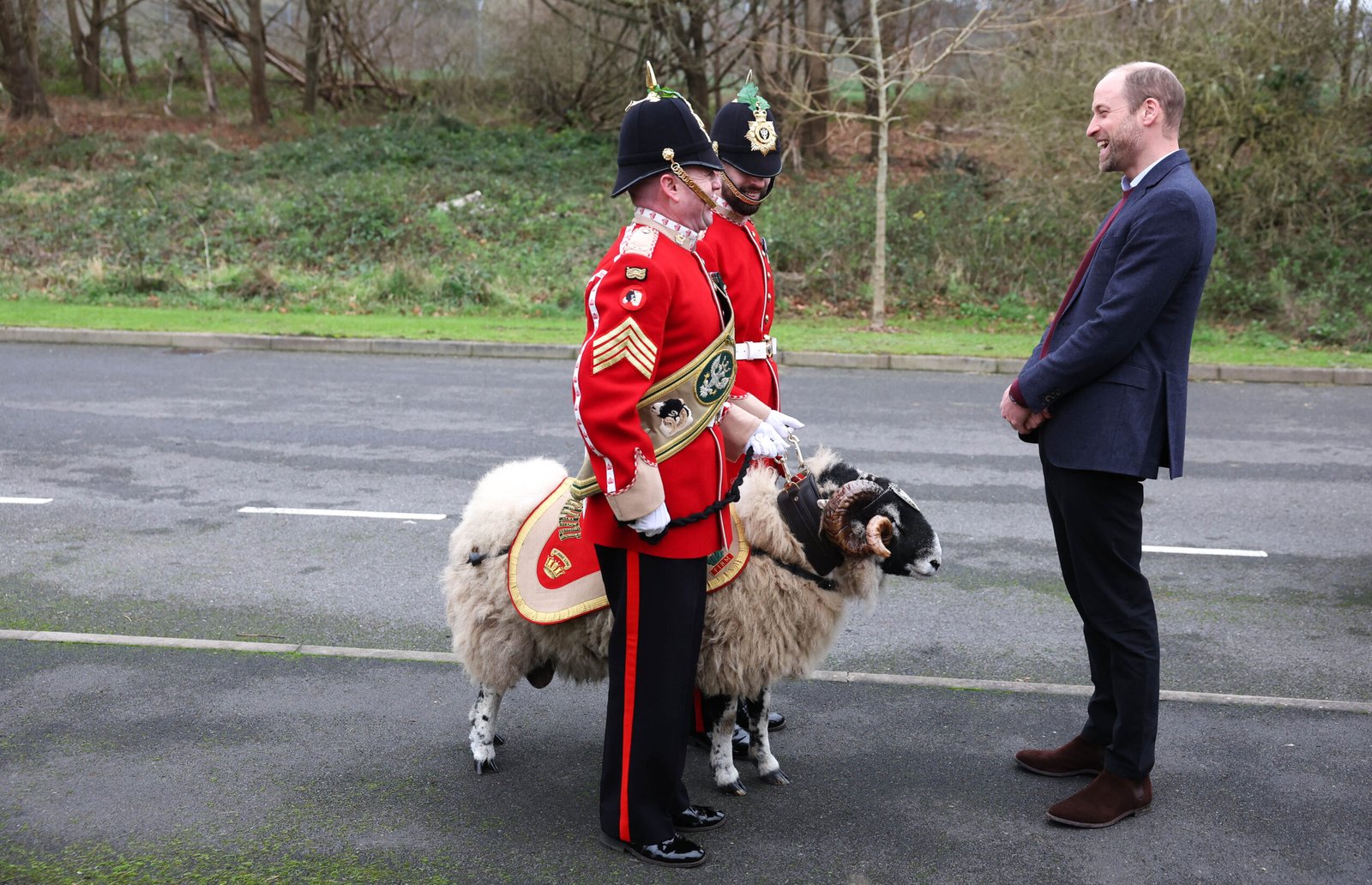 The Prince of Wales met the mascot Swaledale Ram, Private Derby during a visit to the Regiment for a Christmas event for families at Picton Barracks.