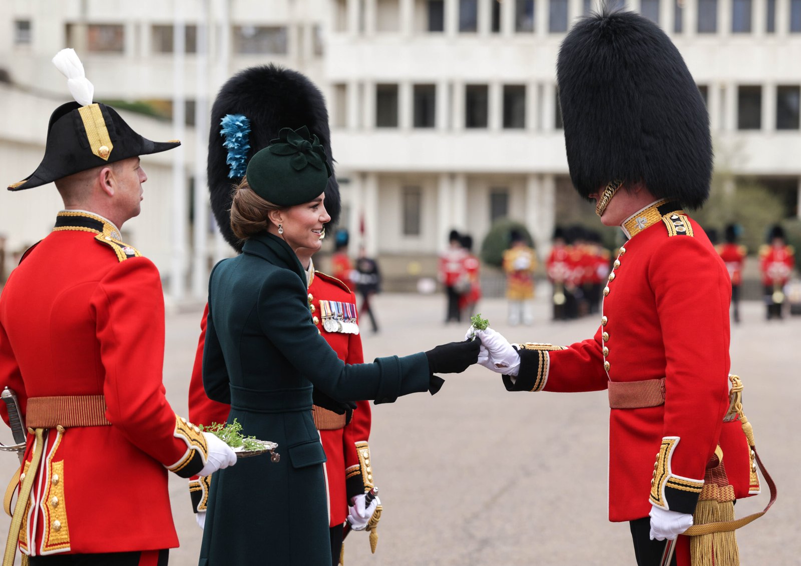 17/03/2025. London, UK. The Princess of Wales, Colonel, Irish Guards, during a visit to the regiment at the St. Patrick's Day Parade in Wellington Barracks. The Princess awarded long service and good conduct medals to soldiers within the regiment. The Princess then presented the traditional sprigs of shamrock to the Officers and Guardsmen. Her Royal Highness then met veterans of the Irish Guards and Mini Micks who are junior cadets from Northern Ireland. Picture by Andrew Parsons / Kensington Palace