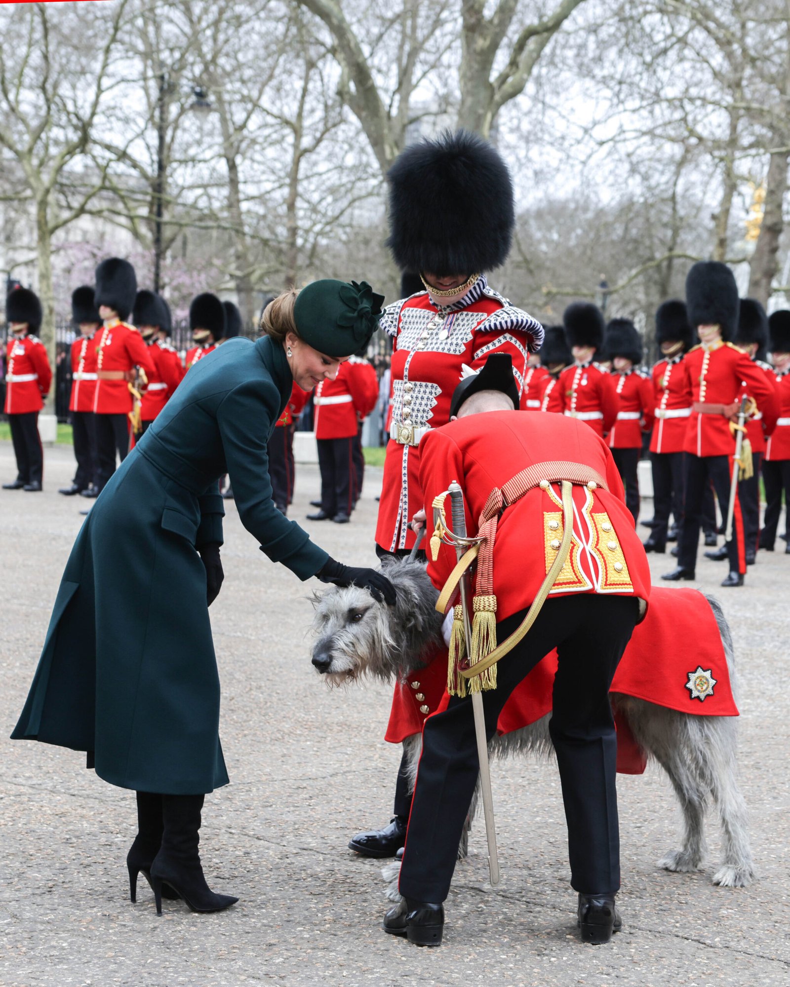 17/03/2025. London, UK. The Princess of Wales, Colonel, Irish Guards, during a visit to the regiment at the St. Patrick's Day Parade in Wellington Barracks. Her Royal Highness visits the Junior Ranks dining hall where the Senior Guardsman in the Battalion proposed a toast to The Princess. She then spent time meeting Guardsmen and heard about their roles and experiences within the Irish Guards. Finally, The Princess attended the Sergeants’ Mess and met with members and their families. Picture by Andrew Parsons / Kensington Palace