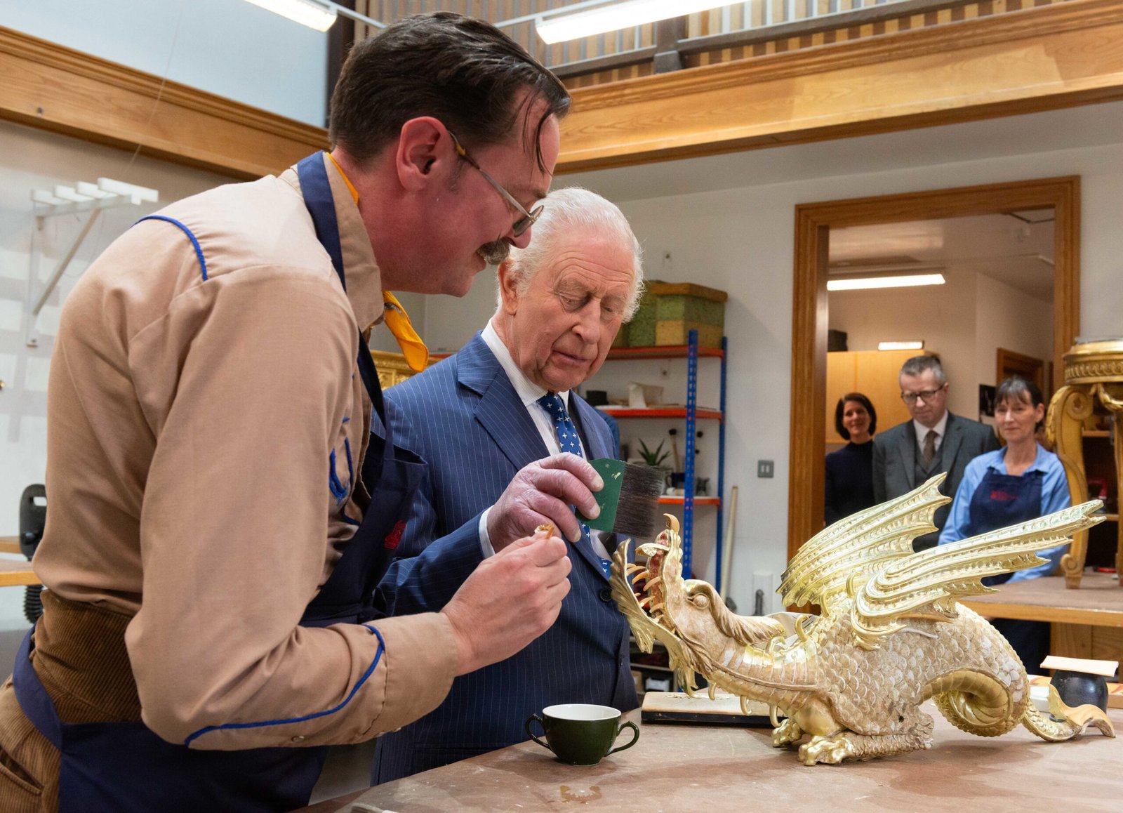 King Charles heard about conservation at Royal Collection Trust’s Decorative Arts workshop. 