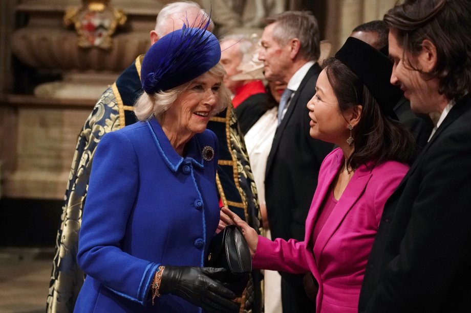 Camilla wearing the Russian sapphire cluster brooch.