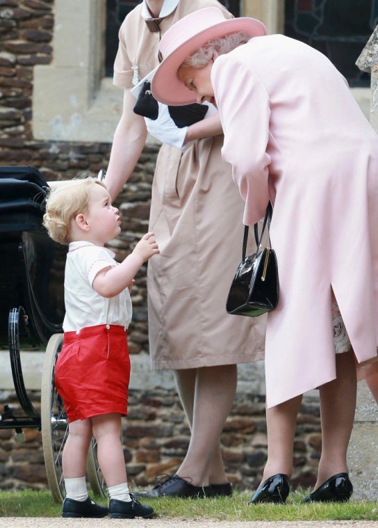 The Christening of Princess Charlotte at The Church of St Mary Magdalene, Sandringham, Norfolk, UK on the 5th July 2015. Picture by Chris Jackson/WPA-Pool Pictured: Prince George, Queen, Queen Elizabeth Ref: SPL1071602  050715   Picture by: Splash News Splash News and Pictures Los Angeles:310-821-2666 New York:212-619-2666 London:870-934-2666 photodesk@splashnews.com 