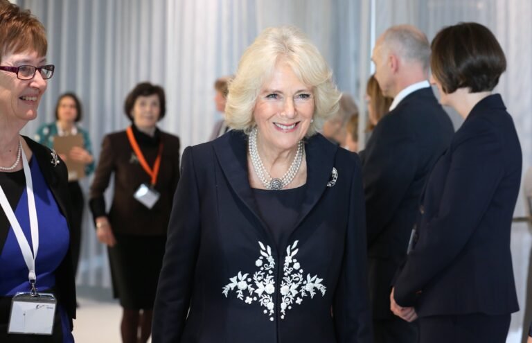 Camilla wearing the four strand pearl necklace with diamond clasp during a visit to the Royal Osteoporosis Society. (Royal Osteoporosis Society/X)