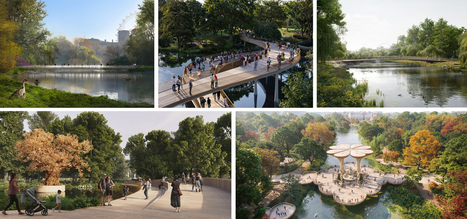 A selection of images of the designs for Queen Elizabeth II National Memorial Masterplan Design Competition. (© the teams and Malcolm Reading Consultants)