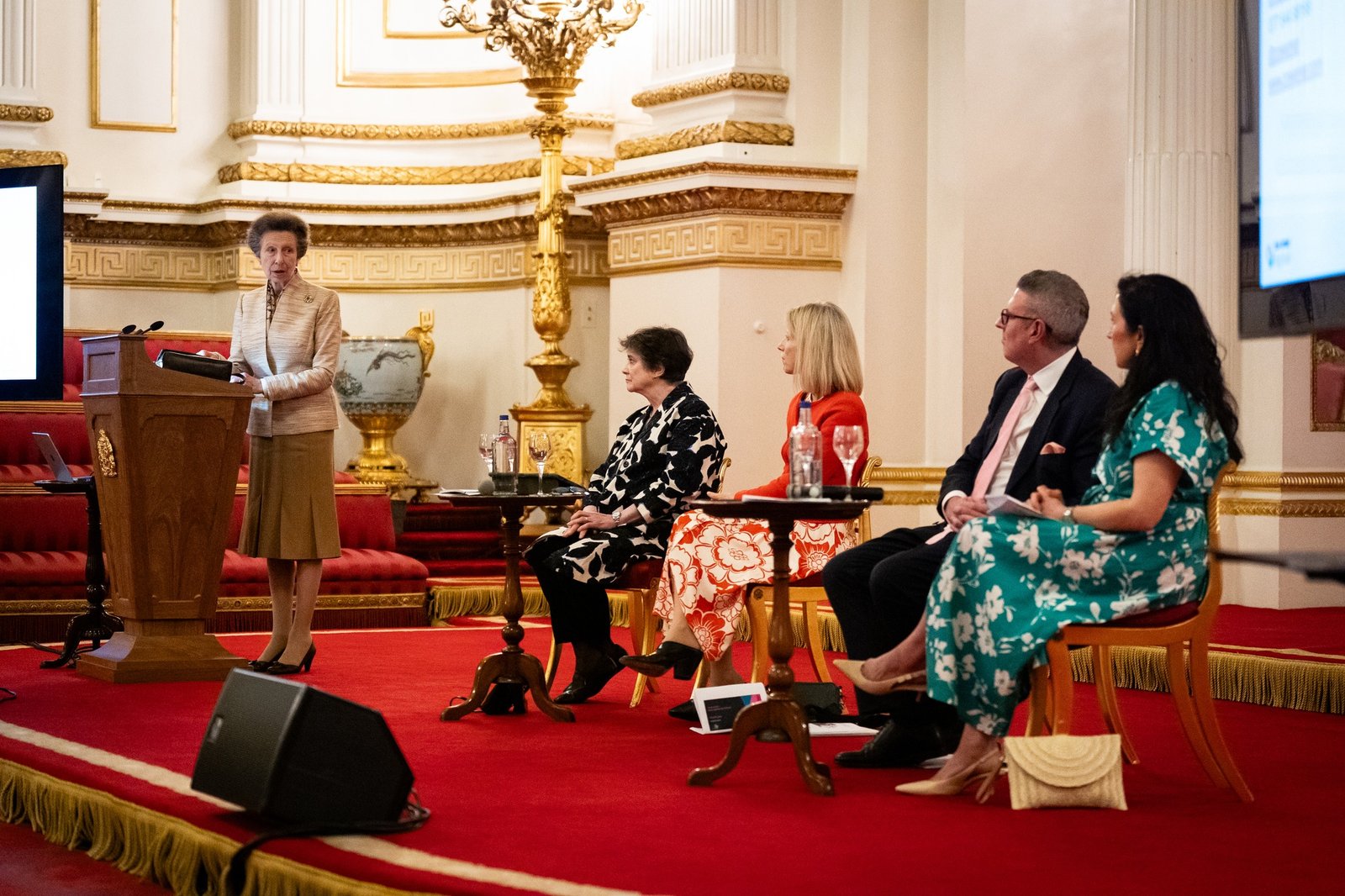 The Princess Royal gives a speech along side a panel Professor Lynne Berry, Sarah Woolnough, David Holdsworth and Zoe Amar during a reception at Buckingham Place, London, to bring together charities and organisations that Anne is closely associated with to discuss key topics including the challenges facing the sector, public trust in charities and the opportunities and risks presented by new technologies. Picture date: Thursday June 5, 2025.