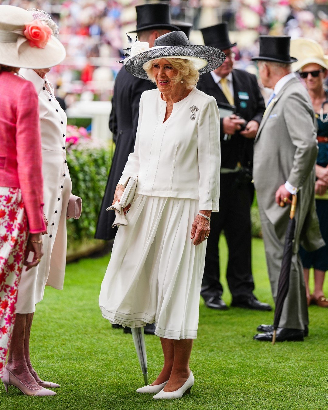 Queen Camilla wearing the Rothschild Diamond Watch Brooch. (Ascot)