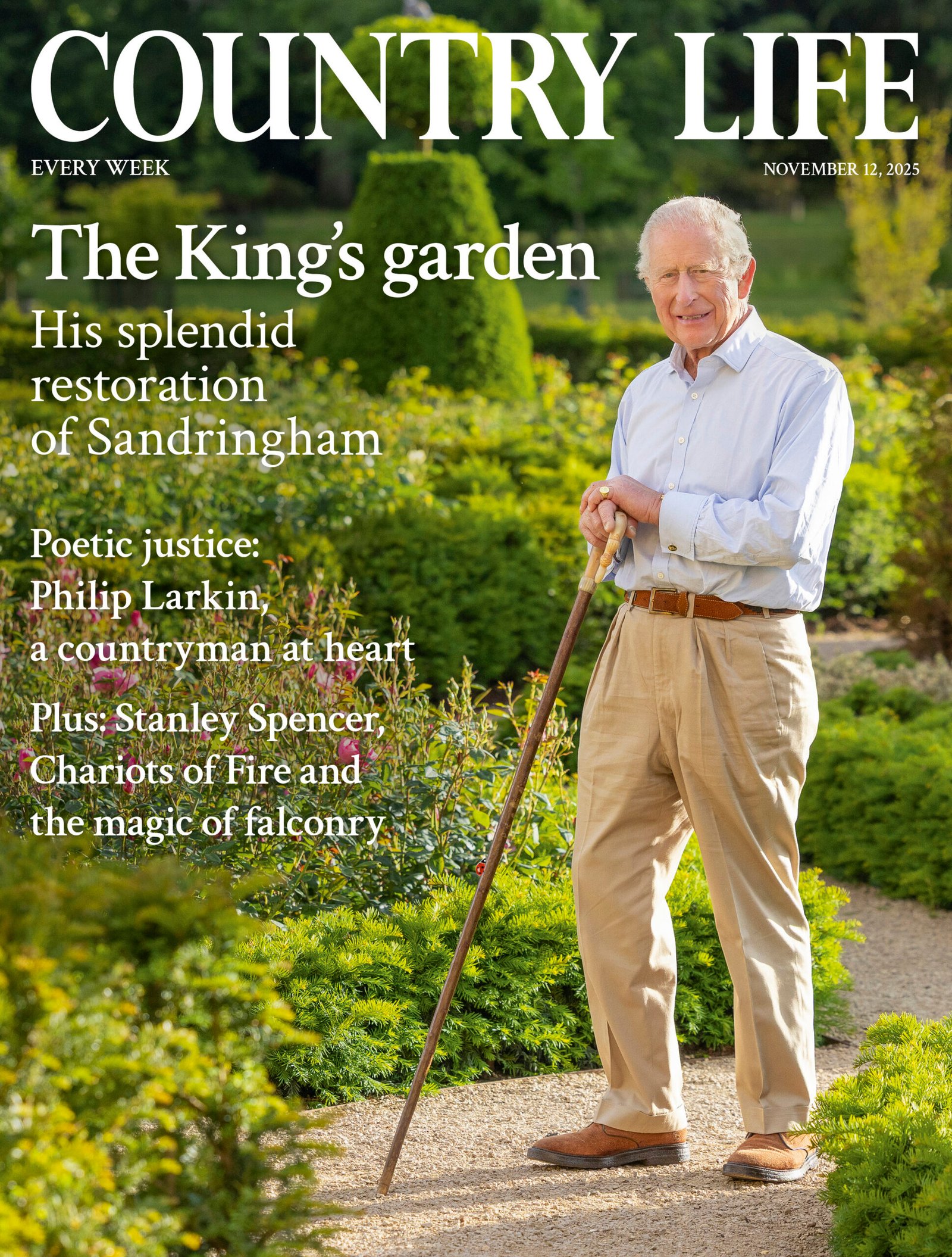 The cover of Country Life 12 November 2025, featuring His Majesty King Charles III in the garden at Sandringham, photographed by Millie Pilkington. (Millie Pilkington/His Majesty King Charles III)