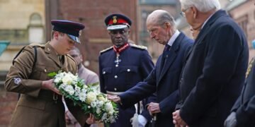 Duke of Kent and German President lay wreaths at Coventry Cathedral ruins