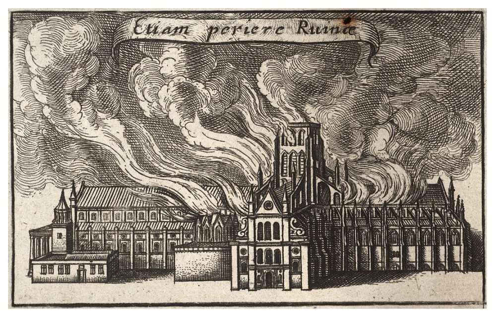 St Paul's Cathedral burning in the Great Fire (Wikimedia commons)