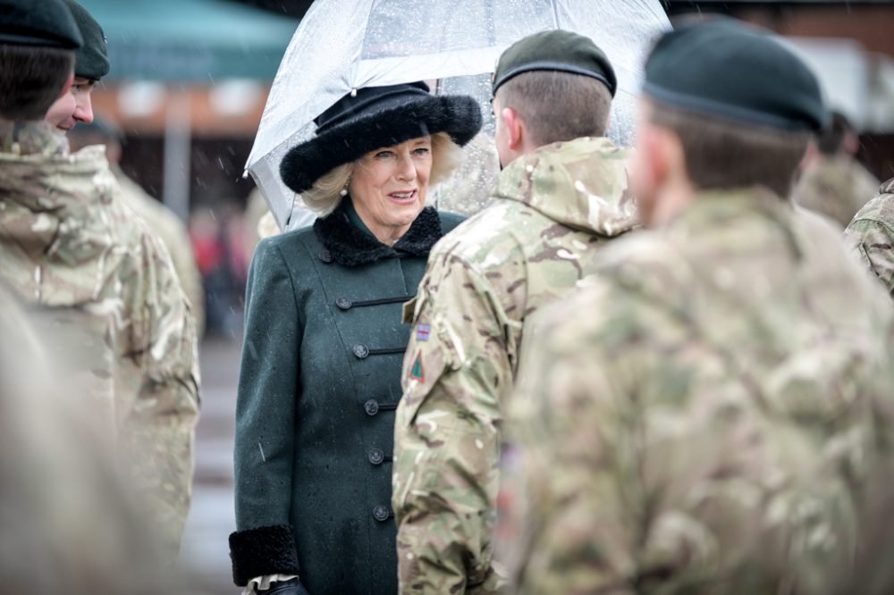 On a rainy day in Aldershot The Duchess of Cornwall welcomes home the 4th Battalion the Rifles after an operation in Iraq (MoD)