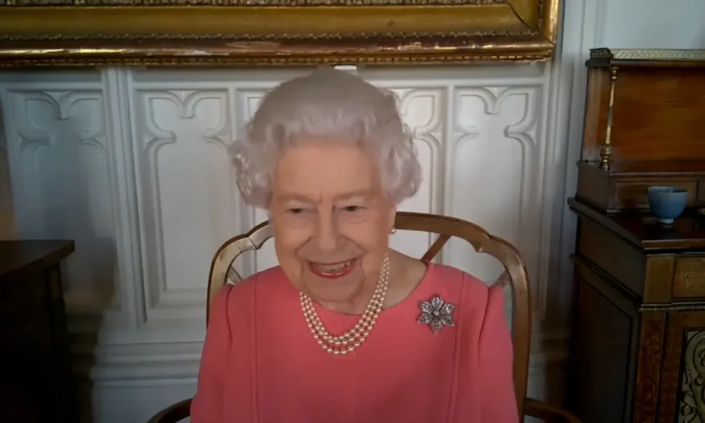 The Queen wearing her Diamond Clematis Brooch. (Royal Family).