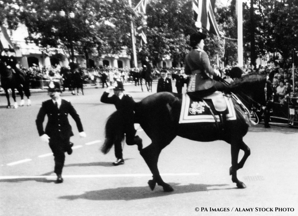 Trooping the Colour, 1981 - blanks are fired at the Queen whilst riding Burmese