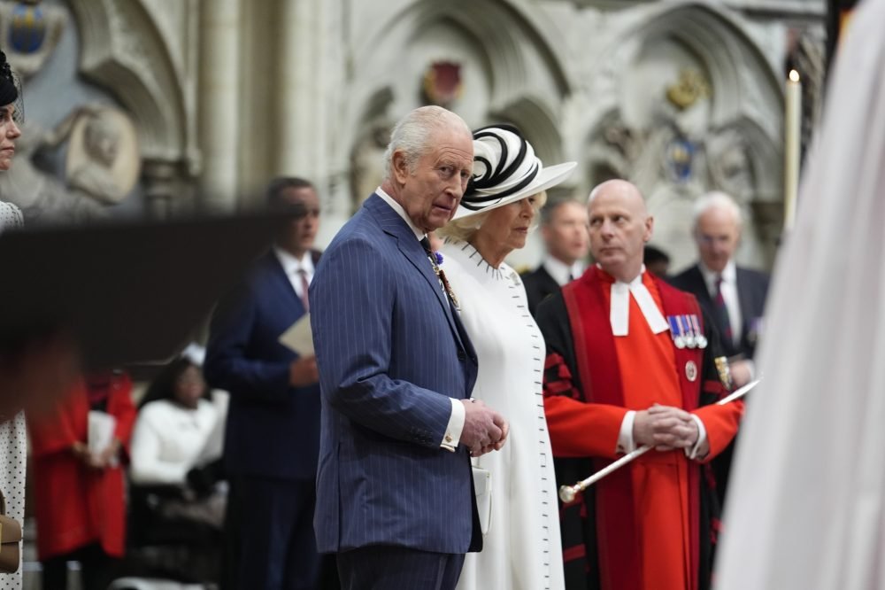 King Charles III and Queen Camilla during a service of thanksgiving at Westminster Abbey in London on the 80th anniversary of VE Day. Picture date: Thursday May 8, 2025.