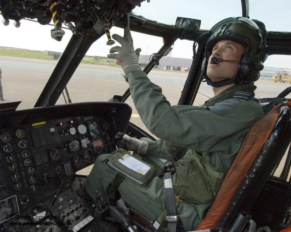 Flight Lieutenant William Wales is pictured at the controls of a Seaking helicopter following his qualification as a Royal Air Force Search and Rescue pilot.