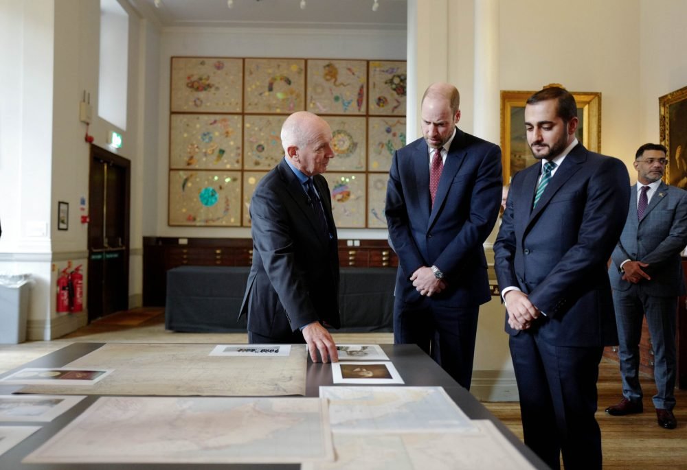 25/11/2024. London, UK. The Prince of Wales, Co-Patron of the “Jewel of Arabia Expedition” attends the London launch at the Royal Geographical Society. His Royal Highness has become Co-Patron alongside His Highness Theyazin bin Haitham, Heir to the Omani throne. Prince William and HRH Theyazin viewed artefacts linked to the original expedition including historical maps of Oman and images taken by Bertman Thomas. The Prince and HRH Theyazin also heard from members of the expedition team and those who have been heavily involved in planning the trip, as well as leading British researchers and scientists about the importance of protecting biodiversity in this part of the world. Picture by Andrew Parsons / Kensington Palace