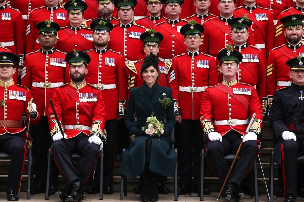 17/03/2025. London, UK. The Princess of Wales, Colonel, Irish Guards, during a visit to the regiment at the St. Patrick's Day Parade in Wellington Barracks. The Princess awarded long service and good conduct medals to soldiers within the regiment. The Princess then presented the traditional sprigs of shamrock to the Officers and Guardsmen. Her Royal Highness then met veterans of the Irish Guards and Mini Micks who are junior cadets from Northern Ireland. Picture by Andrew Parsons / Kensington Palace