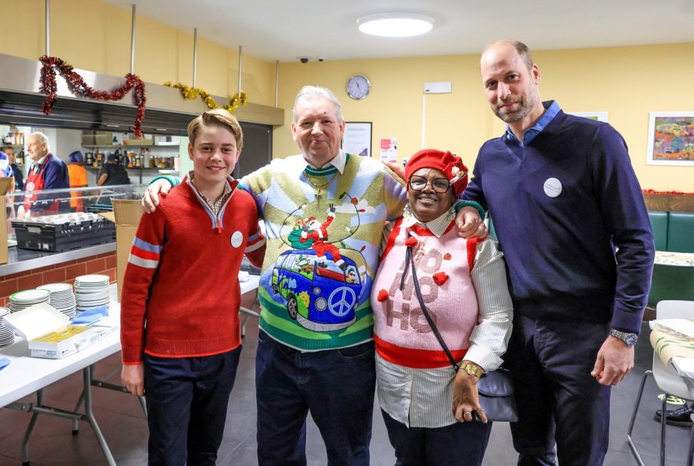 The Prince of Wales and Prince George with Brain and Sarah, service users of the passage in central London. (Andrew Parsons / Kensington Palace)