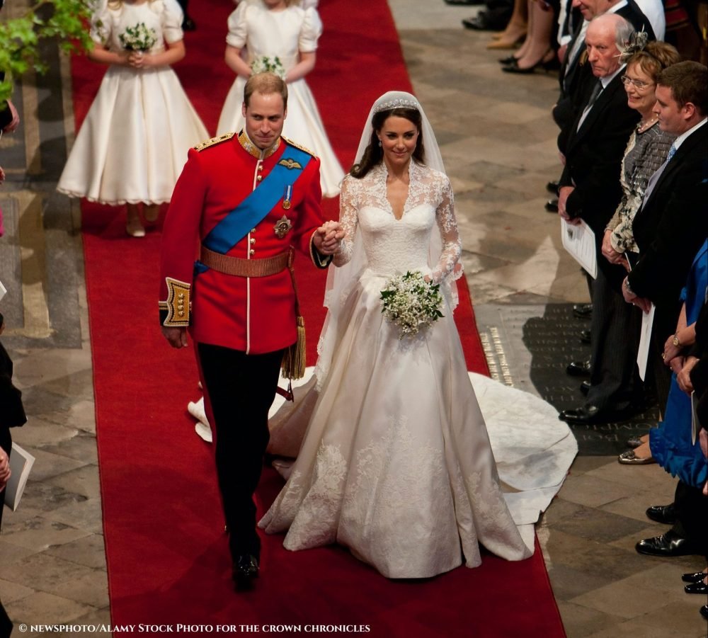 Prince William marries Catherine Middleton at a wedding service in Westminster Abbey on 29th April 2011; she wears the Cartier Halo tiara