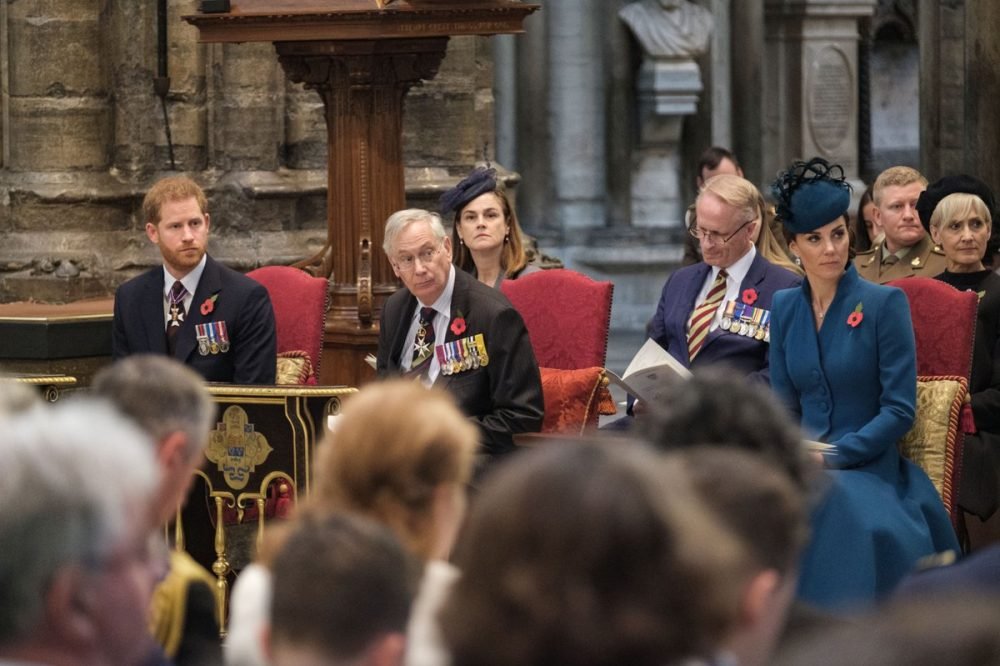 Prince Harry, The duke of gloucester and kate, the duchess of cambridge at today's anzac service (kensington palace)