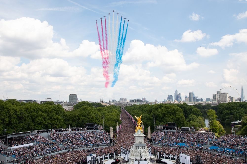 More than 1,400 soldiers and 250 horses from the British Armys Household Division are taking part in the Trooping of the Colour in front of 7,500 ticketed spectators on Horse Guards Parade and another 7,000 at the Queen Victoria Memorial in London today (Thursday 2nd June 2022).
  
The Queen's Birthday Parade is the epitome of ceremonial precision and pageantry but this year it has a special resonance because it marks the Platinum Jubilee, celebrating 70 years of loyal service to Her Majesty The Queen.  Swords, medals, buttons and breast plates will shine while horses and soldiers carry out complex battlefield drill manoeuvres to a spectacular, specially composed programme of music.

This year the honour to Troop their Colour falls to the Irish Guards and every detail has been designed to delight and impress. The 1st Battalion Irish Guards received their New Colours from His Royal Highness The Duke of Cambridge at Windsor Castle on 17th May.  It is these New Colours which are centre stage for the Platinum Jubilee Trooping of the Colour Parade. (MOD).