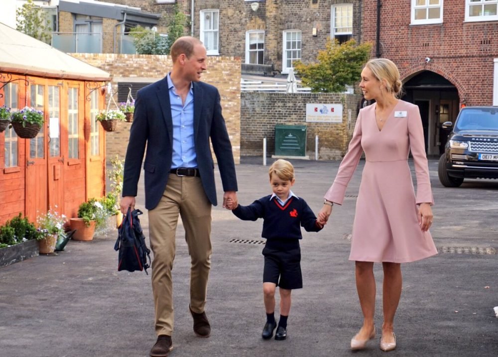 Prince George's first day at Thomas' School in Battersea was missed by Duchess Kate, who is still suffering with morning sickness. Prince William took him to school (Kensington Palace)