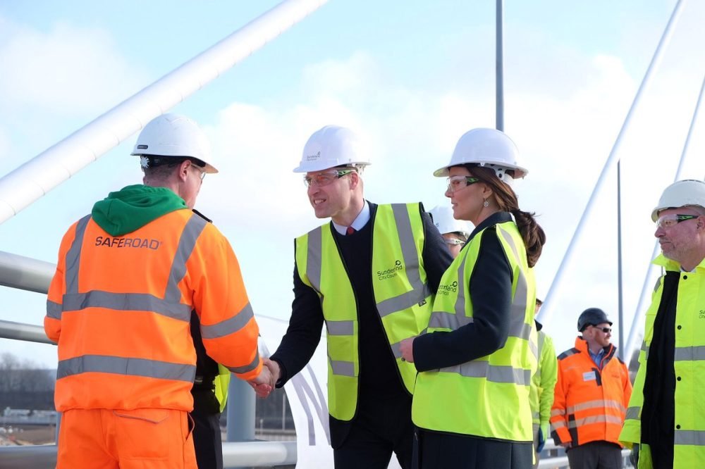 william and kate visit the site of the northern spire bridge in hard hats and hi-vis jackets (kensington palace)