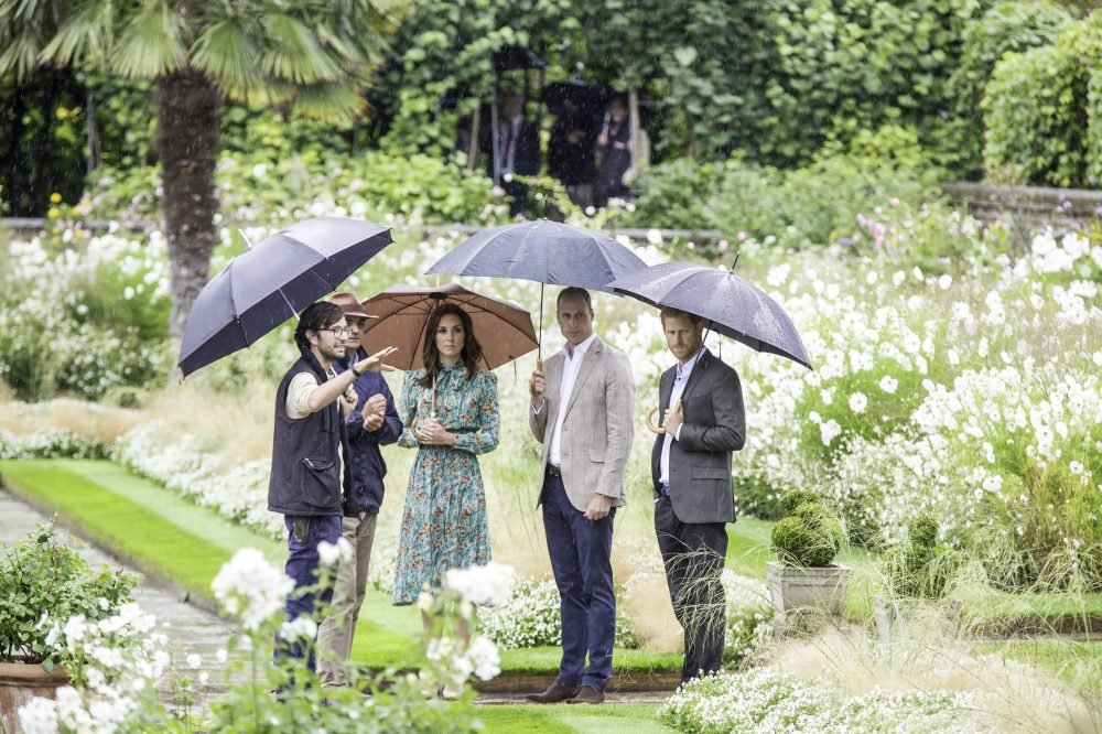 The Duke and Duchess of Cambridge and Prince Harry in the White Garden remembering Diana, Princess of Wales (Historic Royal Palaces)
