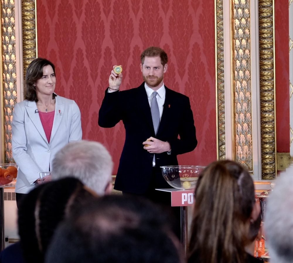Prince Harry helps draw lots for the rugby world cup 2021 games (Royal Family)
