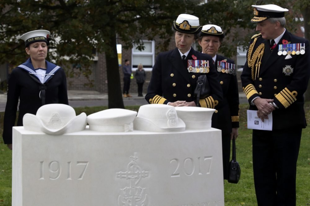 Princess Anne unveiled the commemorative stone depicts the unique shapes of four female naval uniform hats from the past 100 years at a service of thanksgiving for women in the Royal navy (MoD)