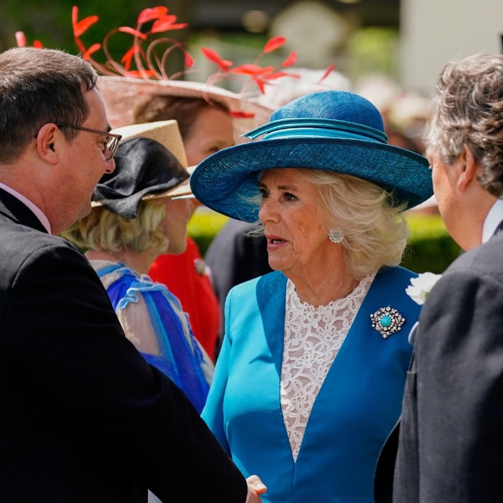 Camilla wearing a brooch dating back to Queen Mary. (Ascot).