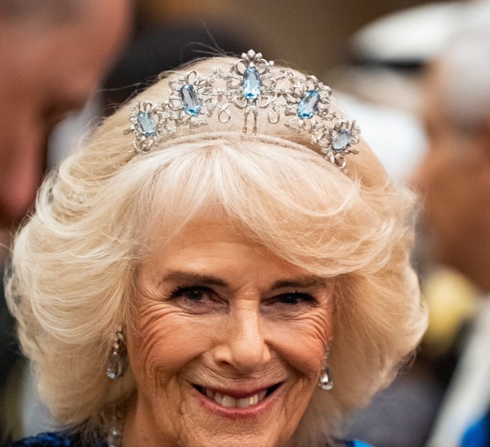 Queen Camilla wears the Aquamarine ribbon tiara for the 2024 Diplomatic Corps reception (Royal Family/X)