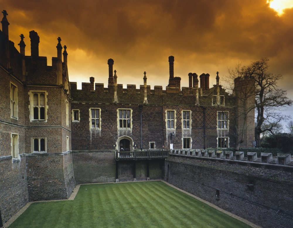 Hampton Court Palace,1993,The West Front. Apartment 39, north elevation doorway and wooden bridge over moat