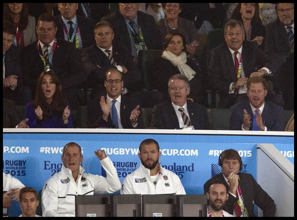 The Duke and Duchess of Cambridge and Prince Harry watch the opening game of the 2015 Rugby World Cup.  Picture by i-Images / i-Images