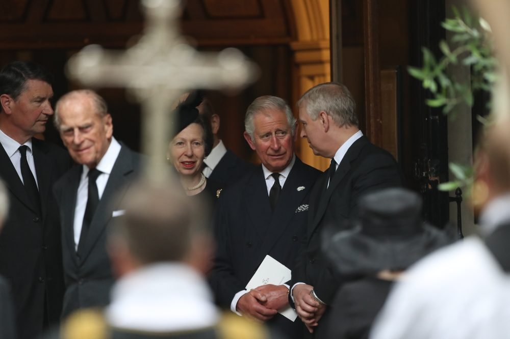 Prince Philip, Prince Charles, Prince Andrew, Princess Anne and Sir Tim leaving the funeral of Countess Mountbatten of Burma at St.Paul's church in Knightsbridge, London, June 2017. Picture by Stephen Lock / i-Images