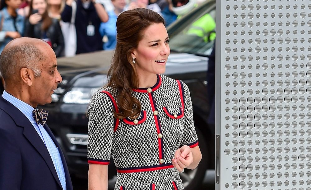 The Duchess of Cambridge in July of 2017, as she attended the opening of the Victoria and Albert Museum's new entrance and courtyard. She had very long hair. Picture by Pete Maclaine / i-Images