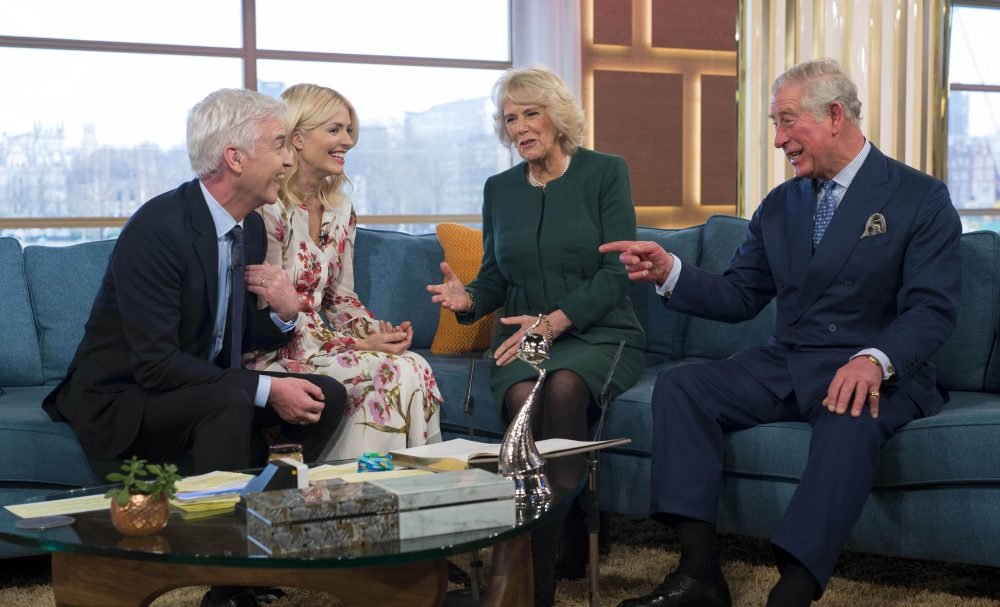 Prince Charles and Camilla celebrate the 90th anniversary of the Royal Television Society during a visit to the set of 'This Morning' filming with Philip Schofield and Holly Willoughby. Picture by  i-Images / Pool