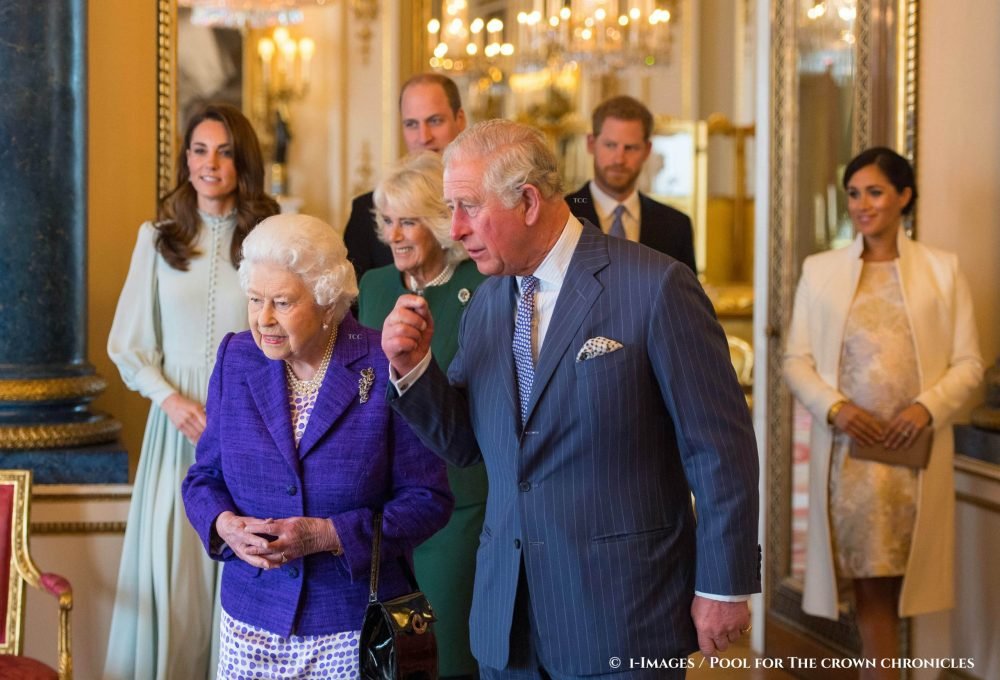 Image ©Licensed to i-Images Picture Agency. 05/03/2019. London, United Kingdom. Fiftieth anniversary of the Investiture of the Prince of Wales. 

Queen Elizabeth II and the Prince of Wales, followed by the Duke and Duchess of Cambridge, the Duchess of Cornwall, and the Duke and Duchess of Sussex at a reception at Buckingham Palace in London to mark the fiftieth anniversary of the investiture of the Prince of Wales. 

Picture by  i-Images / Pool