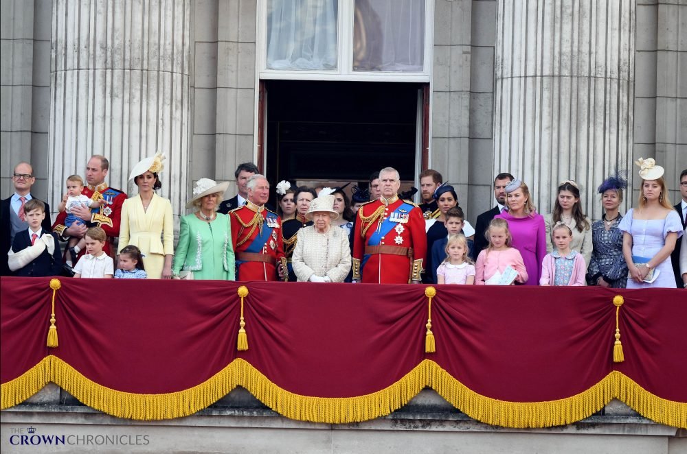 Trooping the Colour 2019; The Queen is accompanied by other members of the Royal Family on the balcony at Buckingham Palace. Picture by Andrew Parsons / i-Images