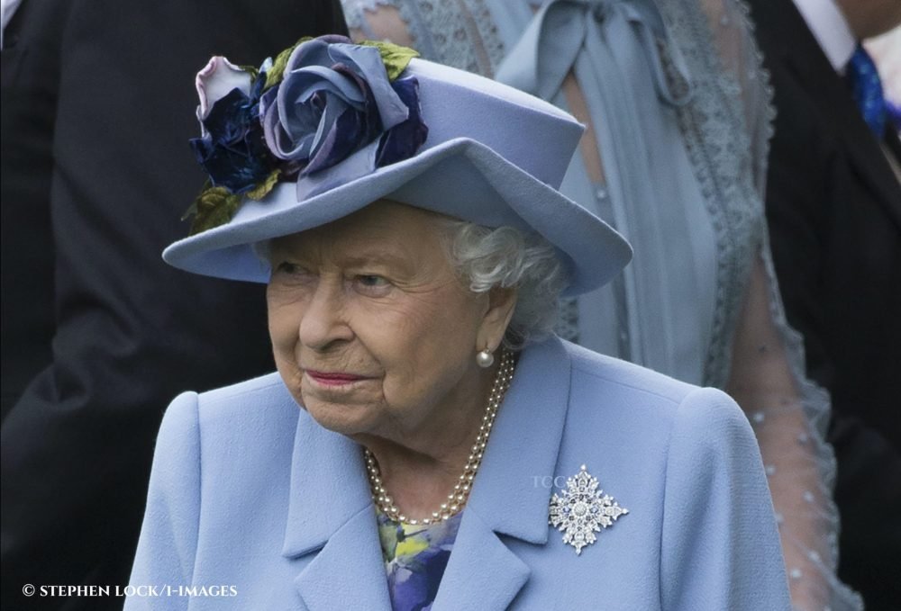 The Queen at day one of Royal Ascot 2019, wearing her Canadian Snowflake Brooch