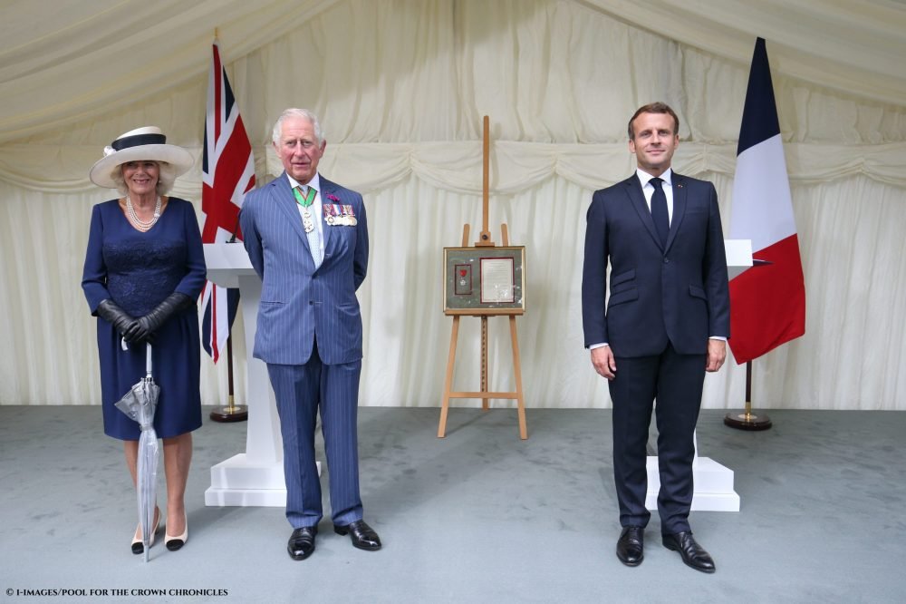 French President Emmanuel Macron with The Prince of Wales and The Duchess of Cornwall at a wreath laying ceremony at the statue of General De Gaulle in London to celebrate the 80th Anniversary of de Gaulle’s radio broadcast  to the French population to resist the German occupation of France during WWII.