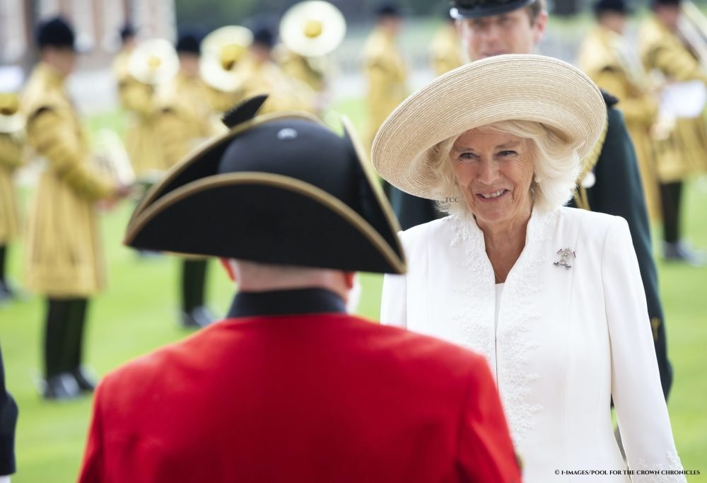 The Duchess of Cornwall during a visit to the Royal Hospital Chelsea, where she met members of staff and reviewed the Chelsea Pensioners on Parade