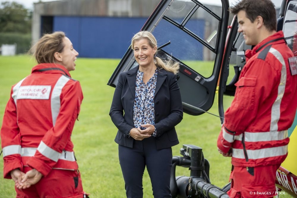 Image Licensed to i-Images Picture Agency. 03/09/2020. Maidenhead, United Kingdom. Sophie,The Countess of Wessex, during a visit to the Thames Valley Air Ambulance at White Waltham Airfield in Maidenhead, United Kingdom, where she helped launch their 21st anniversary celebrations ahead of National Air Ambulance Week. Picture by  i-Images / Pool