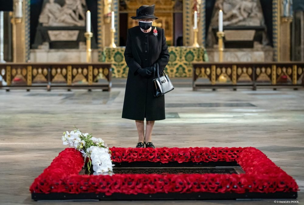 The Queen wears a face mask at a ceremony to mark the centenary of the burial of the Unknown Warrior at Westminster Abbey. Picture by  i-Images / Pool