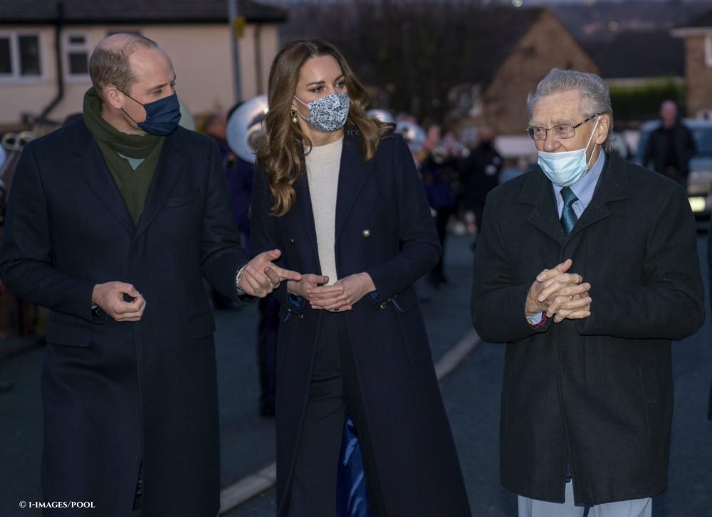 Image Licensed to i-Images Picture Agency. 07/12/2020. Batley, United Kingdom. Prince William and Kate Middleton, the Duke and Duchess of Cambridge, meet carer Len Gardner, 85, during a visit to Batley in West Yorkshire, United Kingdom, on the third stop of their Royal Train tour of the UK. Picture by i-Images / Pool